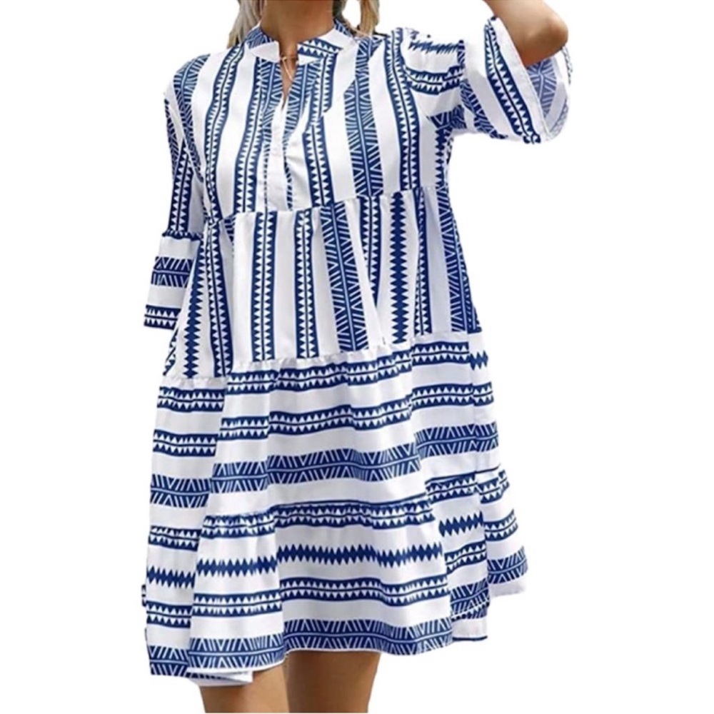 Baby Doll Mini Dress Geometric V-Neck Striped Blue & White Women’s Size Large - Picture 2 of 14